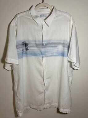 Cafe Luna White Linen Blend Tropical Button Up Shirt Vacation Coastal Grandpa Mi